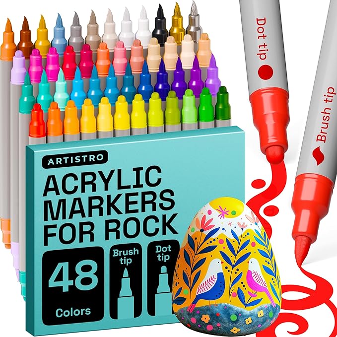 ARTISTRO 48 Rock Acrylic Paint Markers - Rock Painting Kit for Arts & Crafts - Dual Tip Acrylic Paint Pens