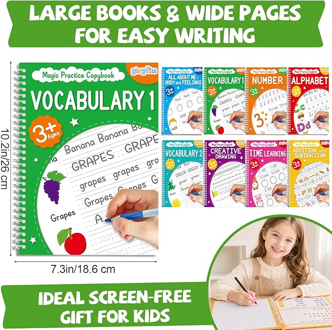 Magic Grooved Writing Practice Books for Kids 3-10, Large Reusable Handwriting Workbooks with Disappearing Ink, 3D Tracing Book Toy Gifts for Kindergarten Summer Workbook Preschool Learning Activities