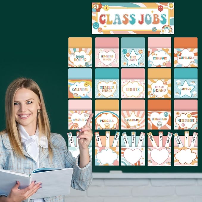 ZOiiWA 81pcs Groovy Class Jobs Bulletin Board Hippie Themed Classroom Jobs Pocket Chart Set Teacher's Helper Chalkboard Decor Classroom Bulletin Board Set Wall Decoration for Back to School Supplies