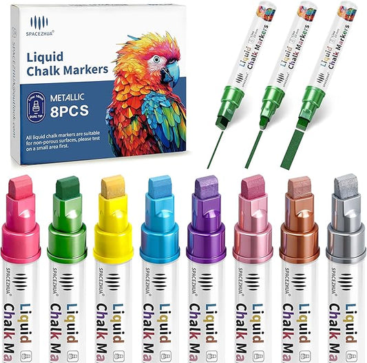 Liquid Chalk Markers 8 Colors Metallic Chalk Pens with 10mm 3 in 1 Nib, Drawing Erasable Markers for Glass Window Cars Mirror Chalkboard Whiteboard Blackboard