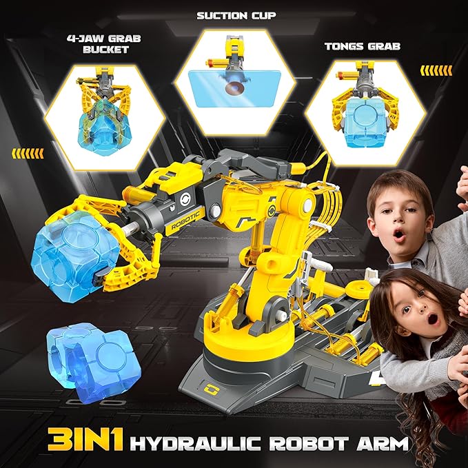 SMIESSKIDDO 3 in 1 Hydraulic Robot Arm - 220 Pcs STEM Building Toys with 4-Jaw Grab, Suction & Tongs for Kids 8-12 | No Batteries Needed Engineering Gift for Boys & Girls Ages 9 10 11 - Yellow