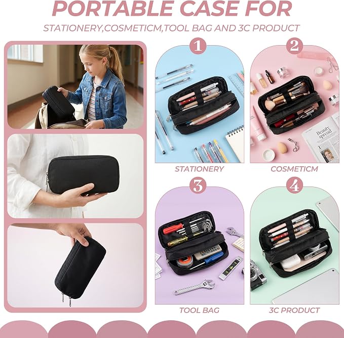 Della Gao Large Pencil Case, Big Capacity Pencil Pouch with 2 Compartments | Office Pencil Bag with Zipper, Big Pen Case for Adults (01-Black)