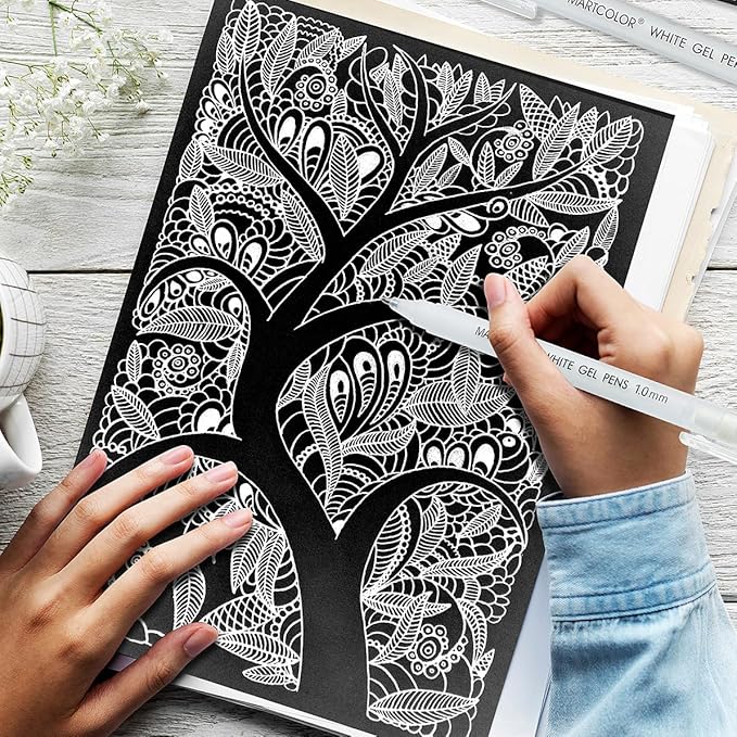 MARTCOLOR White Gel Pens, 1.0mm Fine Point Opaque Archival Ink Pen for Black Paper Drawing, Art Highlight, Illustration, Bullet Journaling, Card Making & DIY Projects, 3 Pack