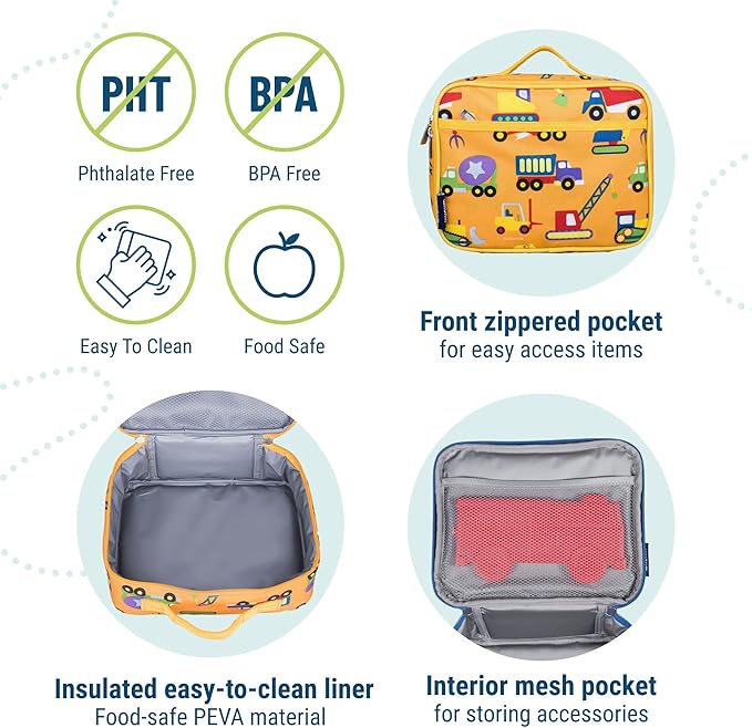 Wildkin Kids Insulated Lunch Box, Keeps Food Hot or Cold, BPA-Free with Mesh Pockets & Easy-Clean Lining – Ideal for School, Travel & Daycare – Under Construction