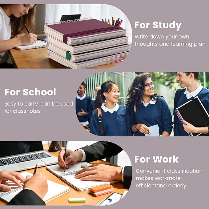 Yoment 5 Subject Notebook College Ruled, 300 Pages Spiral Notebook with Removable Divider Tabs，Hardcover 8 x 10 Inches College Ruled Journal 1 Inner Pocket for School College Work Office Home,Black