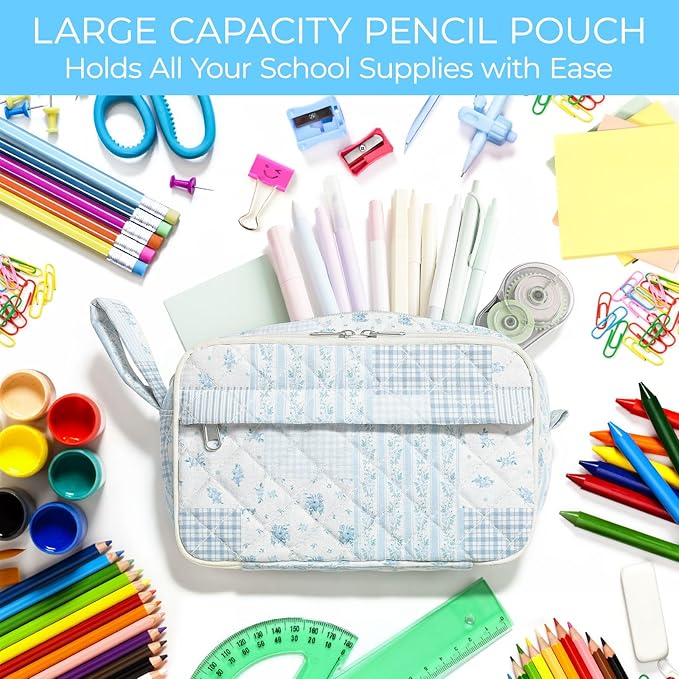 WOBAGMEN Quilted Pencil Pouch for Girls Women, Large Pencil Case Pouch with Compartments Cute Aesthetic Pencil Case Organizer, Floral Pencil Bag for School Supplies (Blue Patchwork)