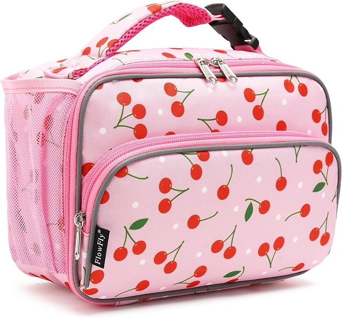FlowFly Kids Lunch box Insulated Soft Bag Mini Cooler Back to School Thermal Meal Tote Kit for Girls, Boys,Cherry