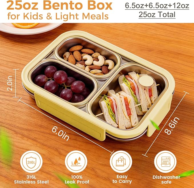Premium 25oz SUS316L Stainless Steel Lunch Box Bento Box - Reusable Metal Snack Containers with Lids for Kids & Adults - Daycare/School/Work/Travel - Superior Corrosion-resistant (Yellow)