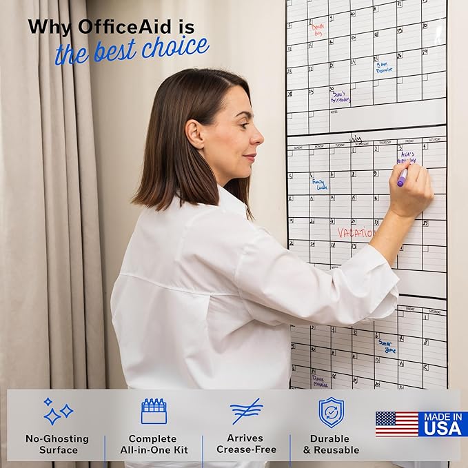 (2 PK) 3 Month Dry Erase Calendar for Wall 40x17, Family Office Large Reusable Big, Monthly Giant Dry Erase Planner, Rolled Whiteboard White Board, Classroom Calendar for Undated Wall Erasable