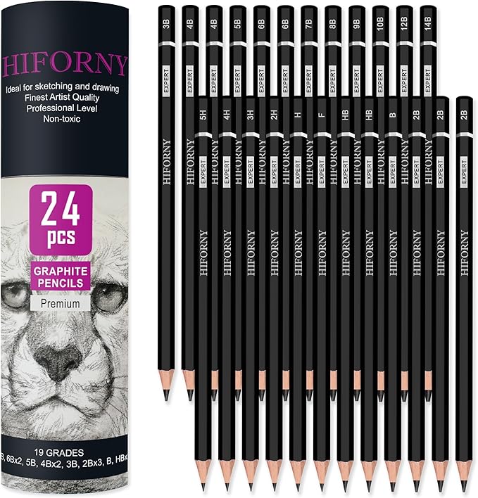HIFORNY 24-Piece Graphite Sketching Pencil Set - 14B-5H, Ideal for Beginners & Artists