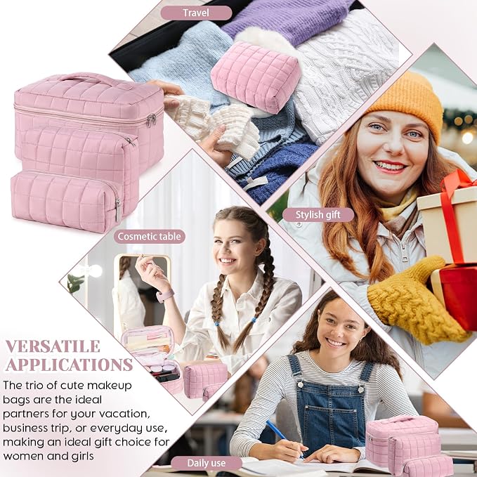 Huhumy 3 Pcs Large Puffy Makeup Bag Set Quilted Cosmetic Pouch for Women Cute Checkered Travel Toiletry Bag Puffer Makeup Organizer Purse Pouch Preppy Pencil Case with Zipper Valentine Gift(Pink)