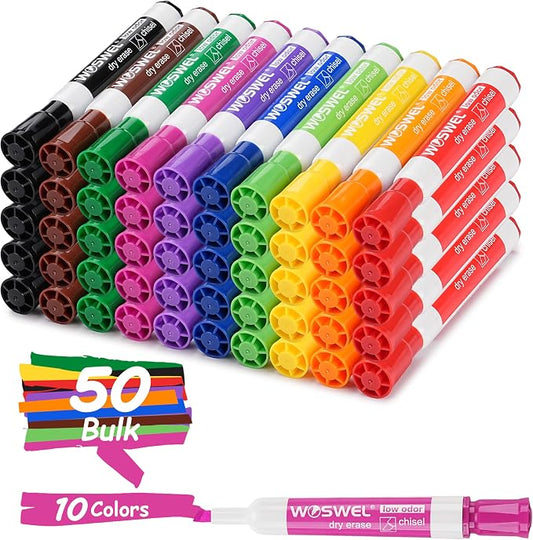 WOSWEL Dry Erase Markers Bulk, Chisel Tip Whiteboard Markers, Low Odor Thick Dry Erasable Markers, 50 Count 10 Assorted Colors for Teachers, Classroom, Office & Home Use