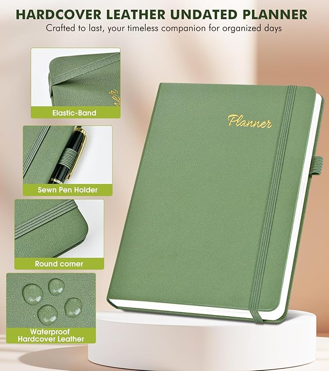Undated Weekly and Monthly Planner, Hardcover Leather Calendar Blank Planner, Simplified To Do List Notebook with Goal & Habit Tracker Organizer, A5 Daily Weekly Planner for Work School Home, Green