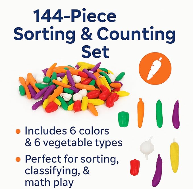 Vegetable Counters – Classify & Count, 144-Piece Montessori-Inspired Math Manipulatives Set with 6 Colors & Vegetable Types for Ages 3+