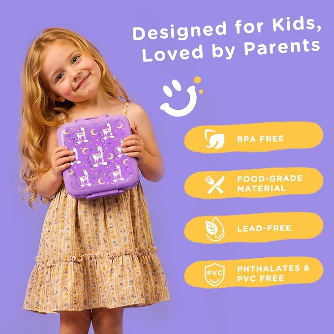JXXM Bento Lunch Box for Kids With 8oz Soup thermo,Leak-proof Lunch Containers with 5 Compartment,thermo Food Jar and Lunch Bag, Food Containers for School (Purple Unicorn)