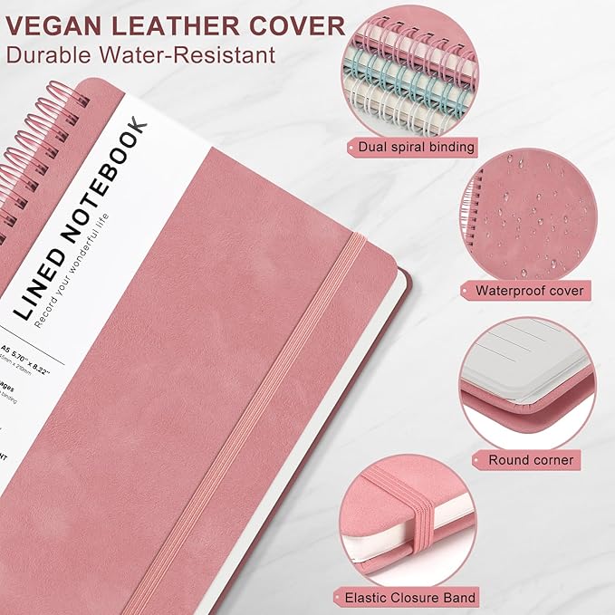 Lined Spiral Journal Notebook with 160 Pages, 8×5.7in, A5 Spiral Notebook, Journaling Notebooks for Work, School, Women, Men, College Ruled Spiral Notebook, Hardcover Leather Journals, Light Red