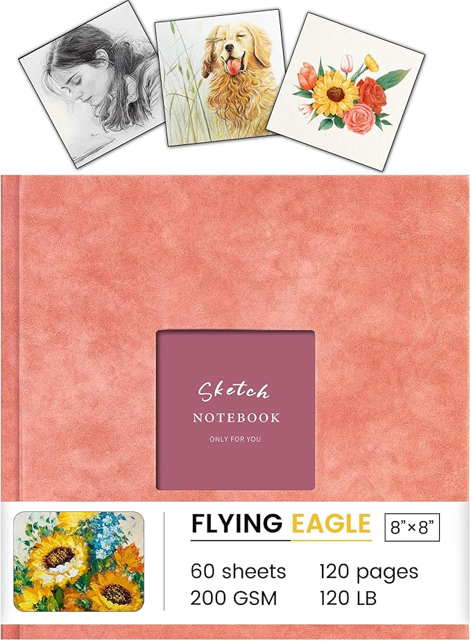 FLYING EAGLE Sketchbook for Drawing 8 x 8 Hardcover Sketch Book, 200GSM Thick Paper, Square Art Drawing Book with 3 DIY Cards Mixed Media Watercolor Paper Gift for Women Adults Artist, Pink
