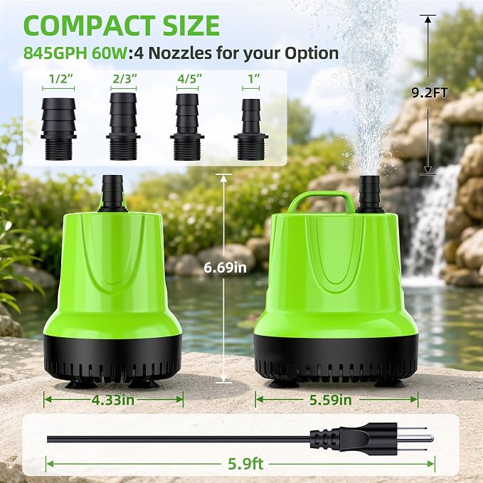 FREESEA Durable Small Pond Pump: 365+ days Continuous Operation | 845GPH 60W Bottom Suction with Epoxy-Sealed Motor & 176℉ Overheat Protection for Pond Circulation Water Change