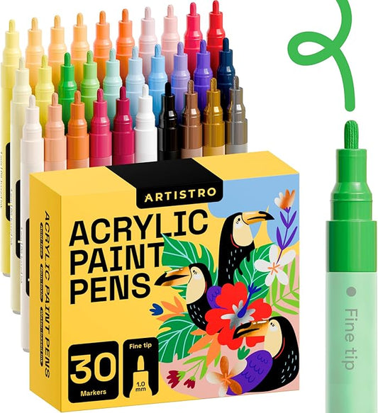 ARTISTRO 30 Acrylic Paint Pens for Calligraphy – Markers With Extra Fine Precision Tips – Multisurface Painting for Fabric, Rock, Glass, Wood & More