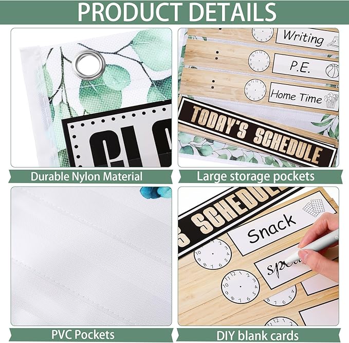 MotiMind Daily Schedule Pocket Chart for Classroom, Calendar Pocket Chart 13+1 Pockets, 21 Reusable Cards for Classroom School 13" x 36" (Rustic Color,Farmhouse)