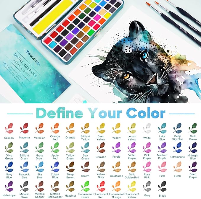 TAVOLOZZA 50 Colors Watercolor Paint Set, Including Metallic & Fluorescent Colors, Travel Watercolor Set with Brushes, Watercolor Paper, Sponge and Accessories, Ideal Art Supplies for Adults Starter Artists