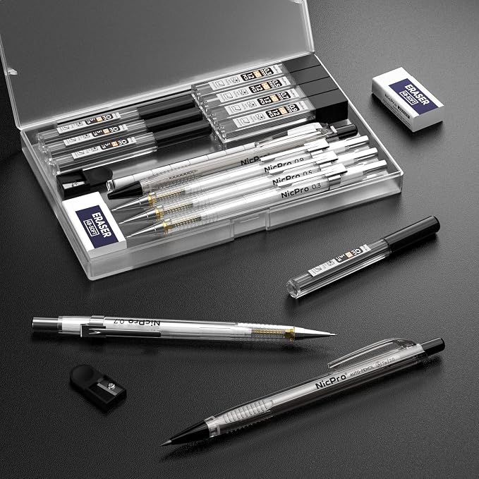 Nicpro 6PCS Art Mechanical Pencil Set, 4PCS Drafting Pencils 0.3 & 0.5 & 0.7 & 0.9 mm & 2PCS 2mm Lead Holder (4B 2B HB 2H) For Writing, Sketching Drawing With 12 Tube Lead Refills Erasers Case