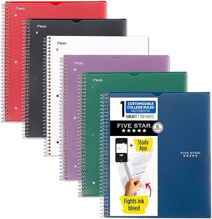 Five Star Spiral Notebook + Study App, 6 Pack, 1 Subject, College Ruled, 8-1/2" x 11", 100 Sheets, Fights Ink Bleed, Customizable Water Resistant Cover, Assorted Colors (820045-ECM)
