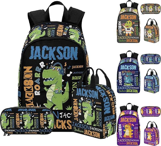 M YESCUSTOM Custom Toddler Boys Backpack with Name, Black Green Animal Personalized Backpack for Kids Preschool Kindergarten Bookbag with Lunch Bag Set