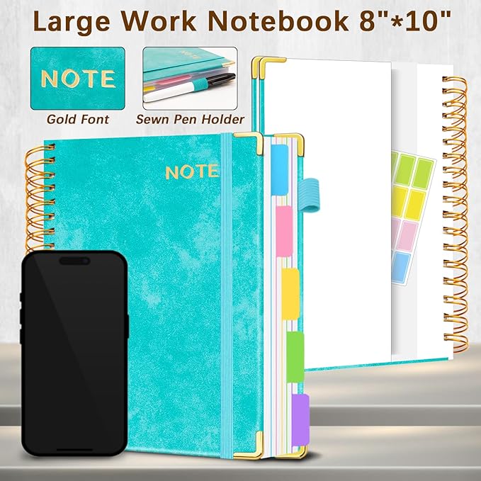 Hardcover Spiral Notebooks for Work 8''x 10'', 300 Pages 5 Subject Notebook with Dividers & Tabs, B5 Spiral Journal for Women, College Ruled Notebooks for School Note-Taking (Cyan)