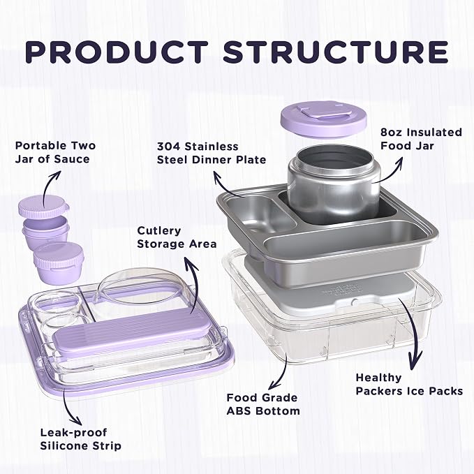Stainless Steel Bento Lunch Box for Kids Adults with 8oz Insulated Food Jar,Ice Pack,Leak-proof,Dishwasher-Safe,Transparent Lid with Sauce Cup and Cutlery Storage for School & Travel,BPA-Free(Purple)
