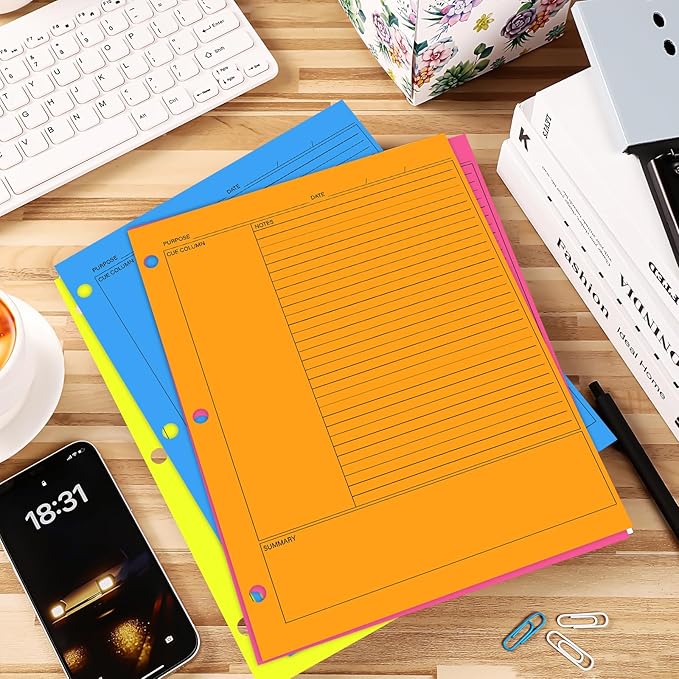 Ctosree 200 Sheets Cornell Notes Loose Leaf Paper, 8.5 x 11 Inch, 3 Hole Punch, Cornell Notes Filler Paper for School Office College Business Home (Fluorescent Color)