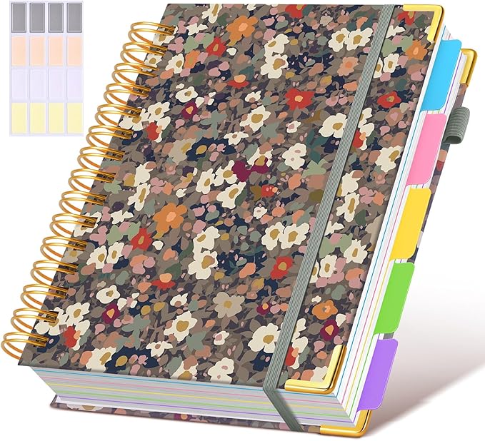 Hardcover Spiral Notebook journal with Removable Dividers Tabs, 300 Pages 5 Subject Notebook College Ruled, 100GMS Notebooks for Work School Note taking,Lined Journal for Women,A5-Flower