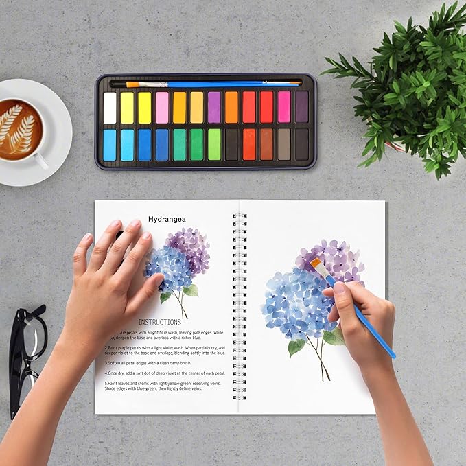 Watercolor Workbook, 24 Colors Solid Paint Set, Flower Themed DIY Patterns, Anti-Warp Paper, Beginner Friendly Art Kit For Adults Teens Kids