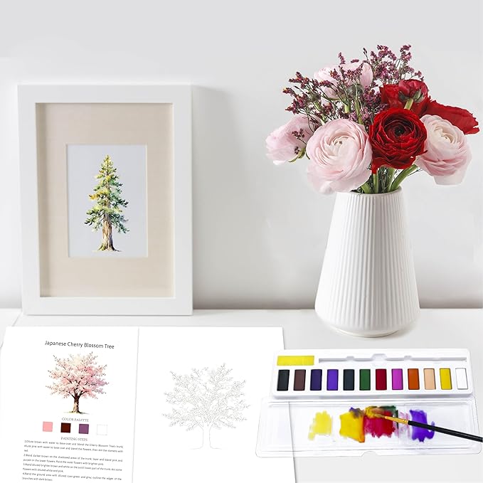 CraftyManor Watercolor Workbook Creative Fruit Water color Paint Book Set with Paints & Brush, 12 Patterns of Original DIY Designs, Beginner-Friendly Adult Coloring Books (Tree)
