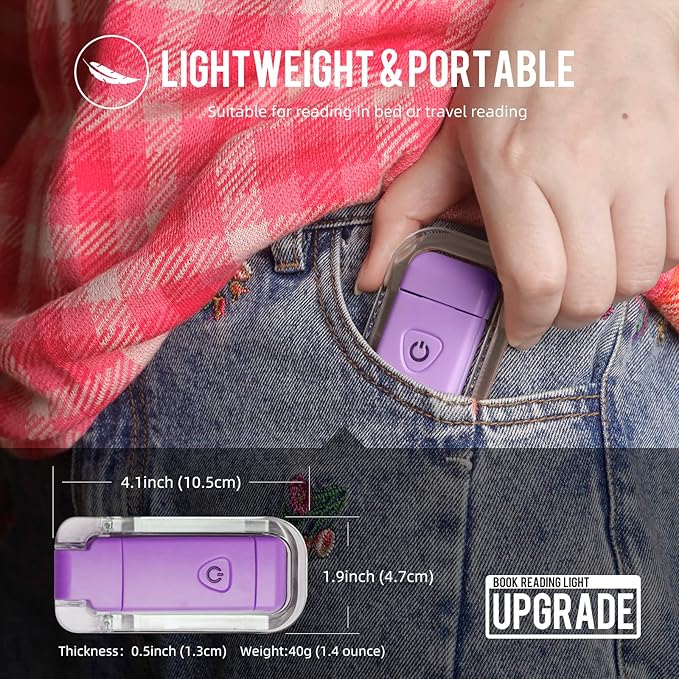 EGWASER Book Light for Reading in Bed, USB Rechargeable Clip on Book Lights, 3 Brightness Adjustable Dimmable Bookmark Light for Eye-Protection, Reading Lamp for Bookworms, Travel (Purple)