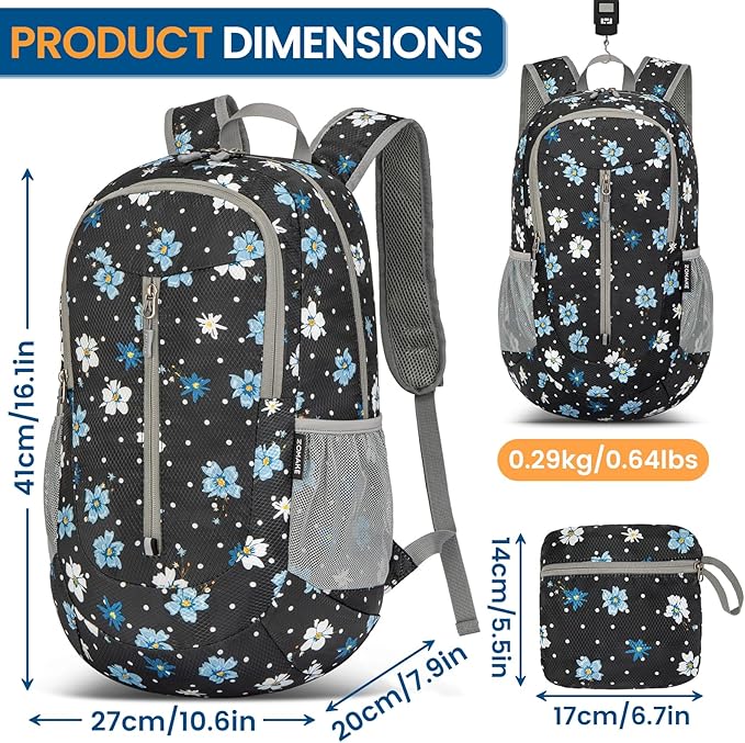 ZOMAKE Ultra Lightweight Packable Backpack 25L - Foldable Hiking Backpacks Water Resistant Small Folding Daypack for Travel(Black,Floral pattern)
