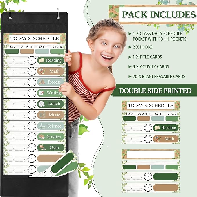 Pasimy Daily Schedule Pocket Chart with 31 Reusable Cards and 14 Pockets Classroom Decor Farmhouse Schedule Charts for School Office Home Educational Activity (Greenery)