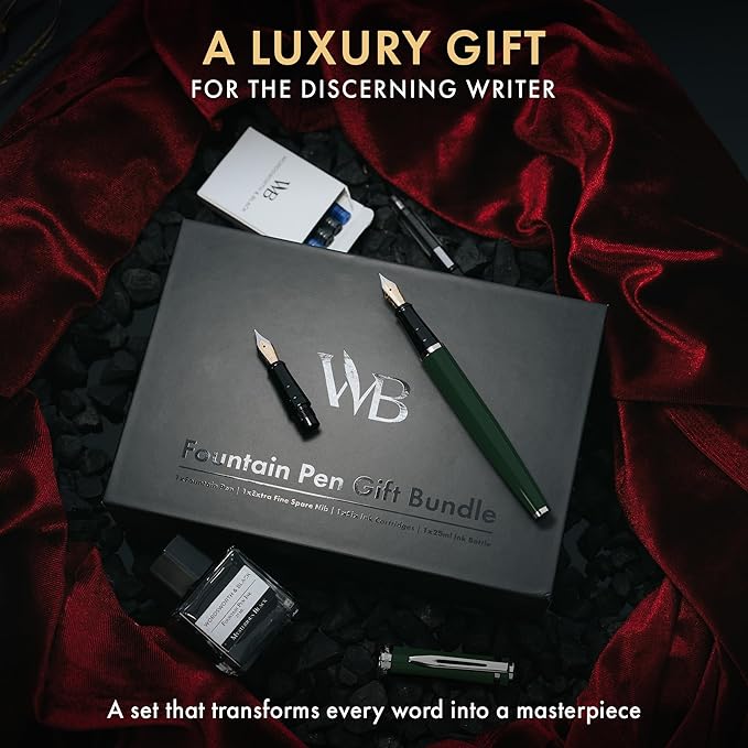 Wordsworth & Black Fountain Pen Set,18K Gilded Medium and Extra Fine Nib,25ML Black Ink Bottle,6 Ink Cartridges,Refill Converter,Gift Box,Smooth Writing Pens [Green Chrome],Gift Set for Men and Women