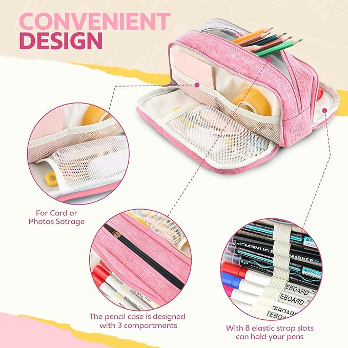 Large Capacity Pencil Case Pencil Pouch Pen Bag with 3 Compartment Stationery Organizer with Zipper, School Supplies Organizer for Teen Adults (Pink)
