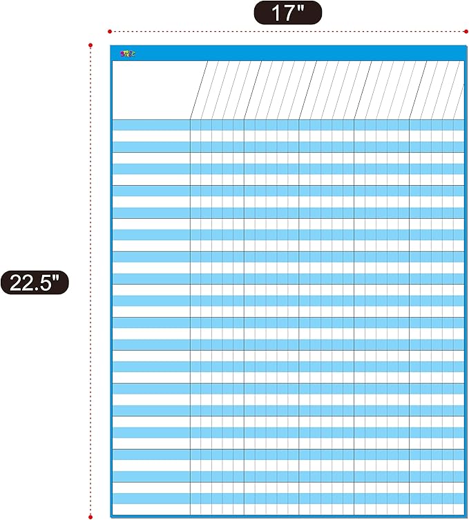 6 Pack Multi-Color Dry Erase Incentive Chart/Chore/Responsibility/School Attendance/Homework Progress Tracking Chart, 6 Pack in Multi-Color, 36 Rows X 25 Columns (17" x 22.5") with 1056 Stars
