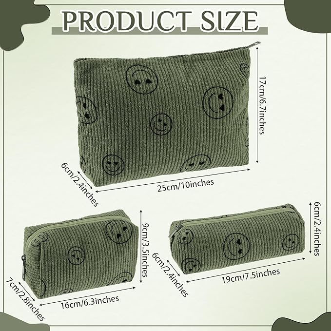 Huhumy 3 Pcs Makeup Bag Set for Women Corduroy Cosmetic Pouch Aesthetic Smile Travel Toiletry Bag Cute Purse Pouch Pencil Case Makeup Brushes Storage Organizer with Zipper(Army Green,Smile Face)