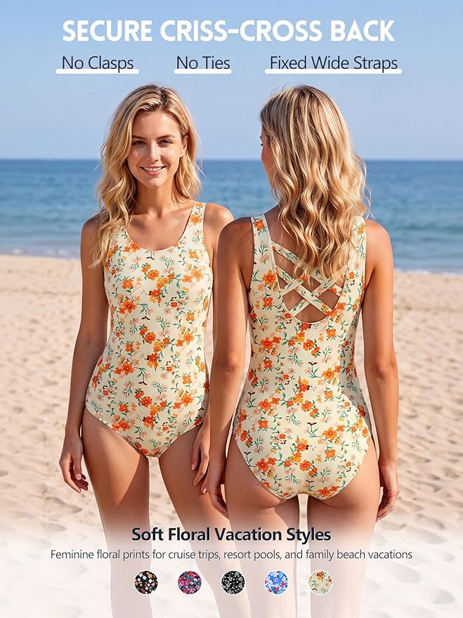 Modest Full Coverage One Piece Swimsuit Floral Bathing Suit Criss Cross Back Swimwear with Built-in Bra