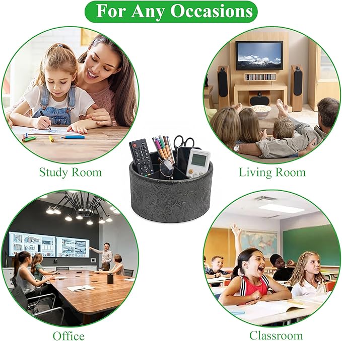 Remote Control Holder, 360°Spinning PU Leather Desk TV Remote Caddy,Desk Storage Box Room Accessories for Controller, Media,Mail,Calculator, Mobile Phone,Pencil(1-Carved Black)