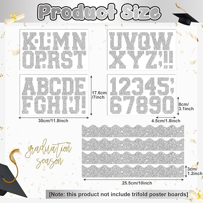 Silver 175 Pcs Graduation Photo Display Board Sticker Glitter Border Trim Alphabet Letter Number for 2026 Grad Party Trifold Poster Photo Display Event Displays Bulletin Board