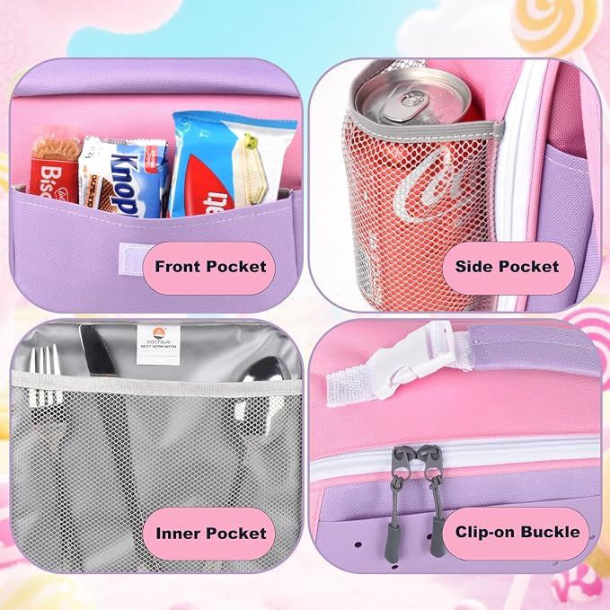 CaCTOUR Lunch Box Kids,Fun Color Lunch Box for Girls,Large Soft Cooler Lunch Bag for Kids,Back to School Thermal Insulated Lunch Tote Bag for School Daycare Outdoor (Light Purple)
