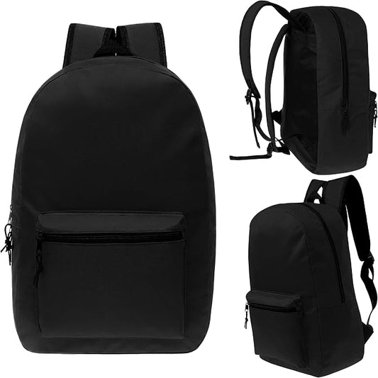17 Inch Bulk Backpacks in Black Color with 50 Piece Student Supplies Kits - Pens, Pencils, Crayons, and More, Wholesale Case of 12 Value Bundle Packs