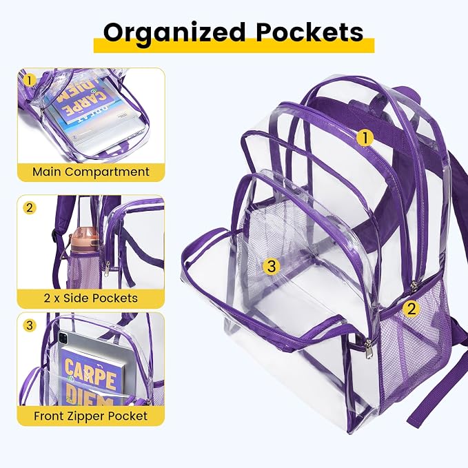 Vorspack Clear Backpack Heavy Duty - Large Clear Backpacks Transparent Bookbag for Girls Boys Large See Through Bag for Work, College, Concert - Purple