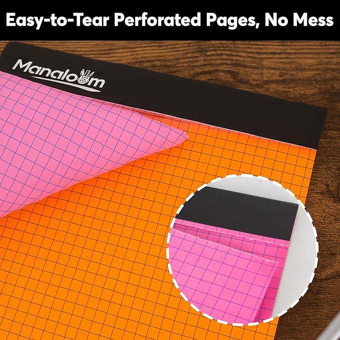 Graph Paper Pad 8.5 x 11 Inch - 3 Pack, 50 Sheets Each (150 Sheets Total) 4x4 Quad Ruled/Grid Notebook, 75 GSM Paper, 5 Colored Pages, Perforated Sheets - for Students,School, Math & STEM (Neon)