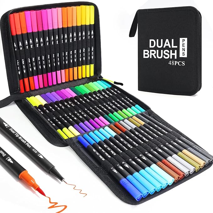 Piochoo Markers,48 Colors Dual Brush Markers Pens, Double Tip Colored Pen for Adult Coloring Books Art Suppliers for Bullet Journaling, Drawing
