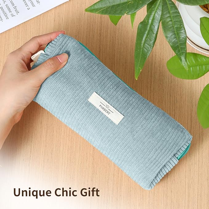 Pencil Bag Pen Case, Soft Corduroy Small Pencil Pouch Organizer with Zipper, Cute Pencil Case Pouch Stationery for Girls and Boys – Light Blue